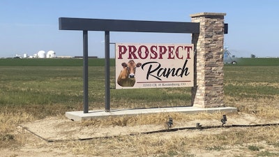 A sign stands at Prospect Ranch outside of Prospect Valley Dairy east of Keenesburg, Colo., on Thursday, Aug. 21, 2025.
