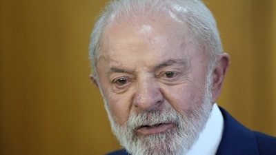 Brazil's President Luiz Inacio Lula da Silva gives a joint statement with Nigeria's President Bola Tinubu, at Planalto presidential palace, in Brasilia, Brazil, Monday, Aug. 25, 2025.