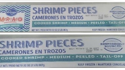 This combination of photos provided by the U.S. Food and Drug Administration on Thursday, Aug. 28, 2025, shows labels for Kroger Mercado Cooked Medium Peeled Tail-Off Shrimp recalled by AquaStar USA Corp. of Seattle.