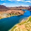 Aerial view of the Colorado River running through the desert near Parker, Arizona.