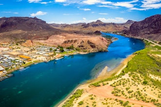 Aerial view of the Colorado River running through the desert near Parker, Arizona.
