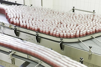 Bottling conveyor line with rows of glass bottles.