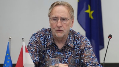 Chairman of European Parliament's Committee on International Trade Bernd Lange attends a news conference in Jakarta, April 16, 2025.