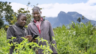 Alex Maere, right, uses the Ulangizi AI chatbot with a fellow farmer in Mulanje, southern Malawi, Tuesday, July 29, 2025.