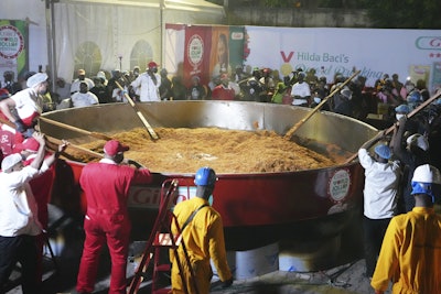 Chef Hilda Baci and her team attempt to cook the world's largest pot of Jollof Rice in Lagos, Nigeria, Friday, Sept 12, 2025.