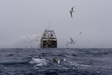 China's Long Fa fishing vessel is followed by flocks of seabirds in the Southern Ocean off the coast of the South Orkney Islands, north of the Antarctic Peninsula, on March 10, 2023.