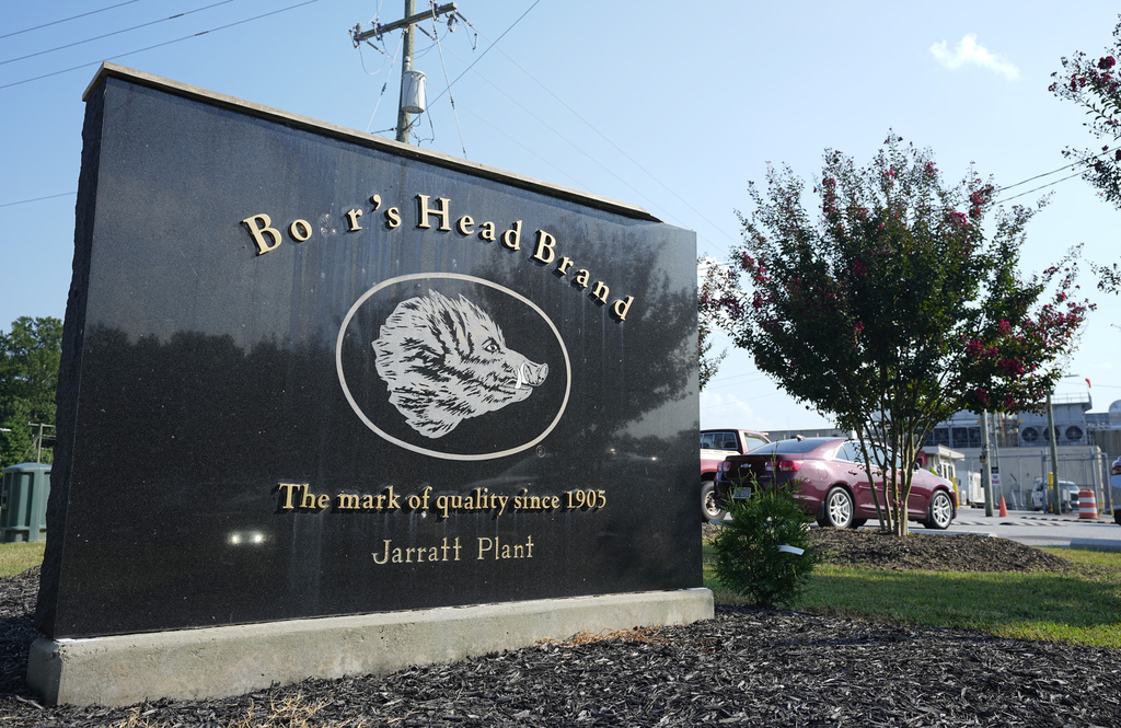 A sign marks the entrance of the Boar's Head processing plant in Jarratt, Va., on Thursday Aug. 29, 2024.
