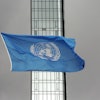 The UN flag flies on a stormy day at the United Nations during the United Nations General Assembly, Sept. 22, 2022.
