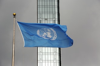 The UN flag flies on a stormy day at the United Nations during the United Nations General Assembly, Sept. 22, 2022.