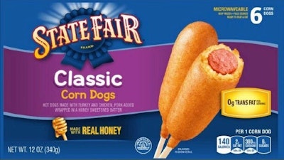 This undated image released by the U.S. Agriculture Department's Food Safety and Inspection Service shows 'State Fair Corn Dogs.'