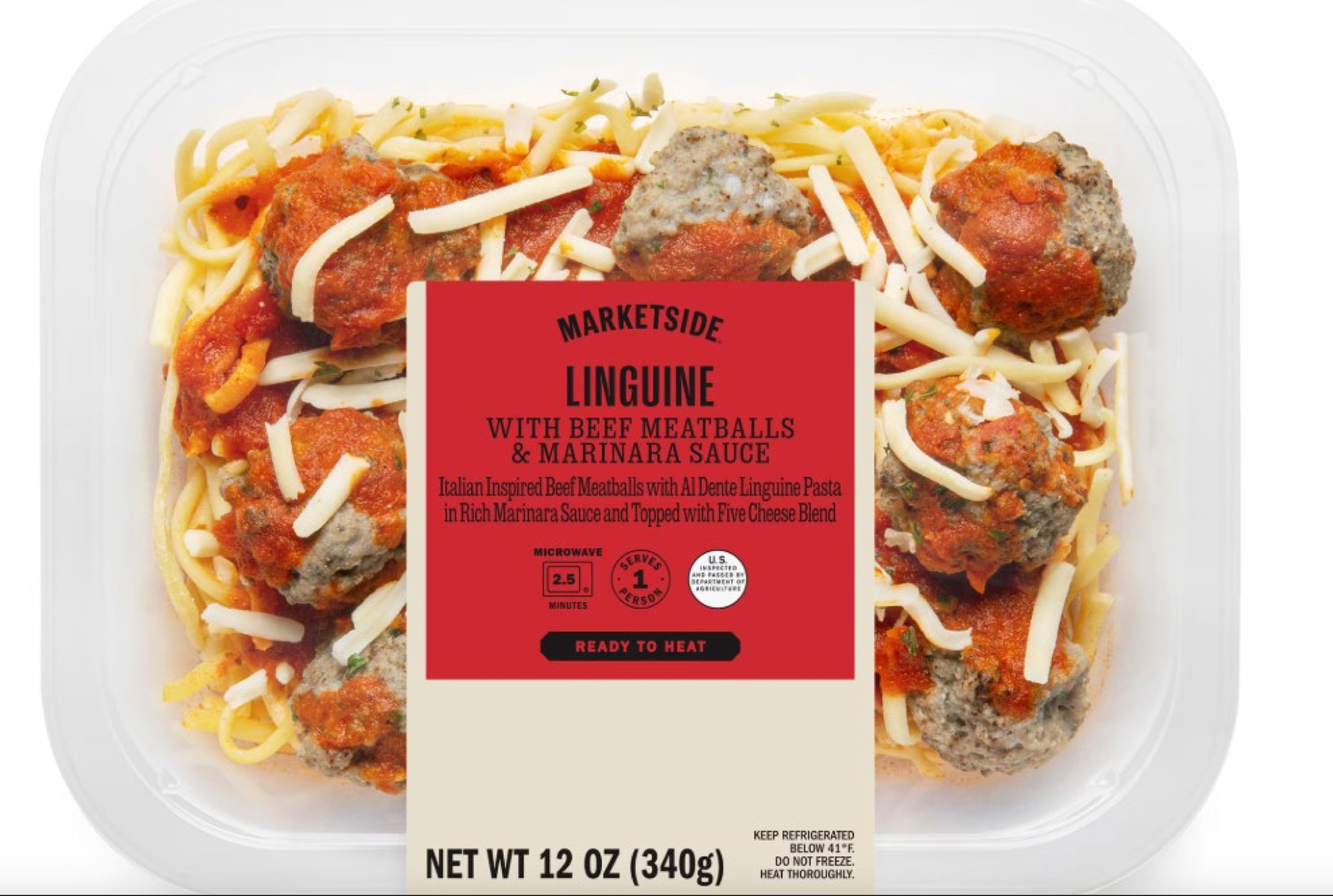 This image provided by U.S. Agriculture Department shows Marketside Linguine with Beef Meatballs & Marinara Sauce.