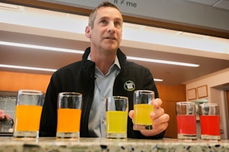 Damien Browne, vice president of research and development for PepsiCo's beverages, tastes a beverage at the company's R&D campus in Valhalla, N.Y., Sept. 19, 2025.