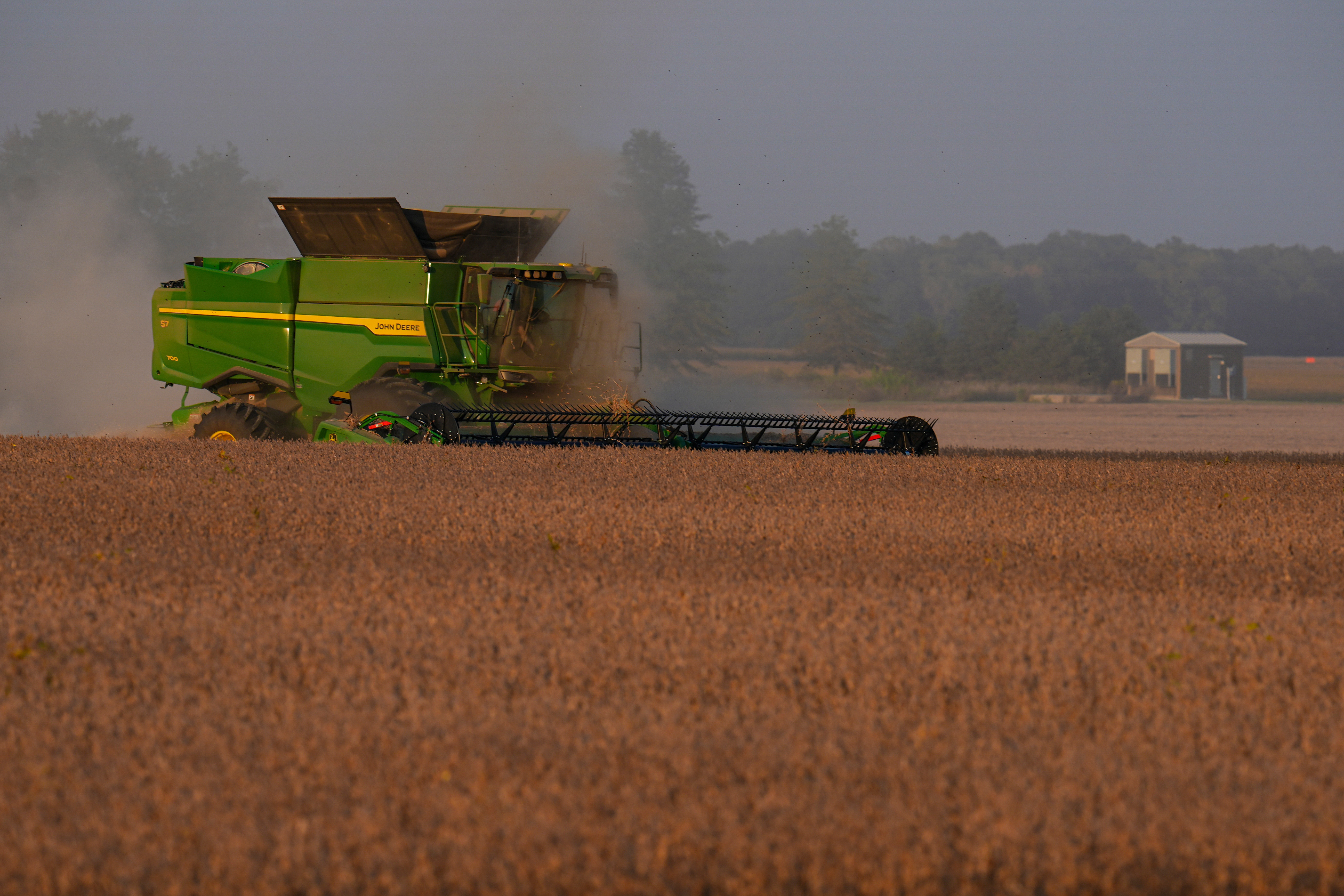Soybeans are harvested on the Warpup Farm in Warren, Ind., Sept. 17, 2025.