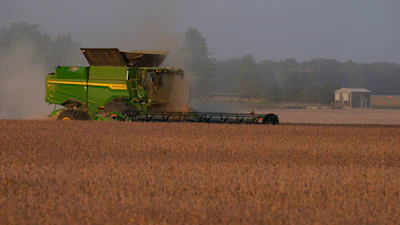 Soybeans are harvested on the Warpup Farm in Warren, Ind., Sept. 17, 2025.