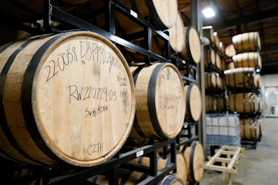 Barrels of spirits are seen at the Baltimore Spirits Company distillery, Feb. 8, 2023, in Baltimore.