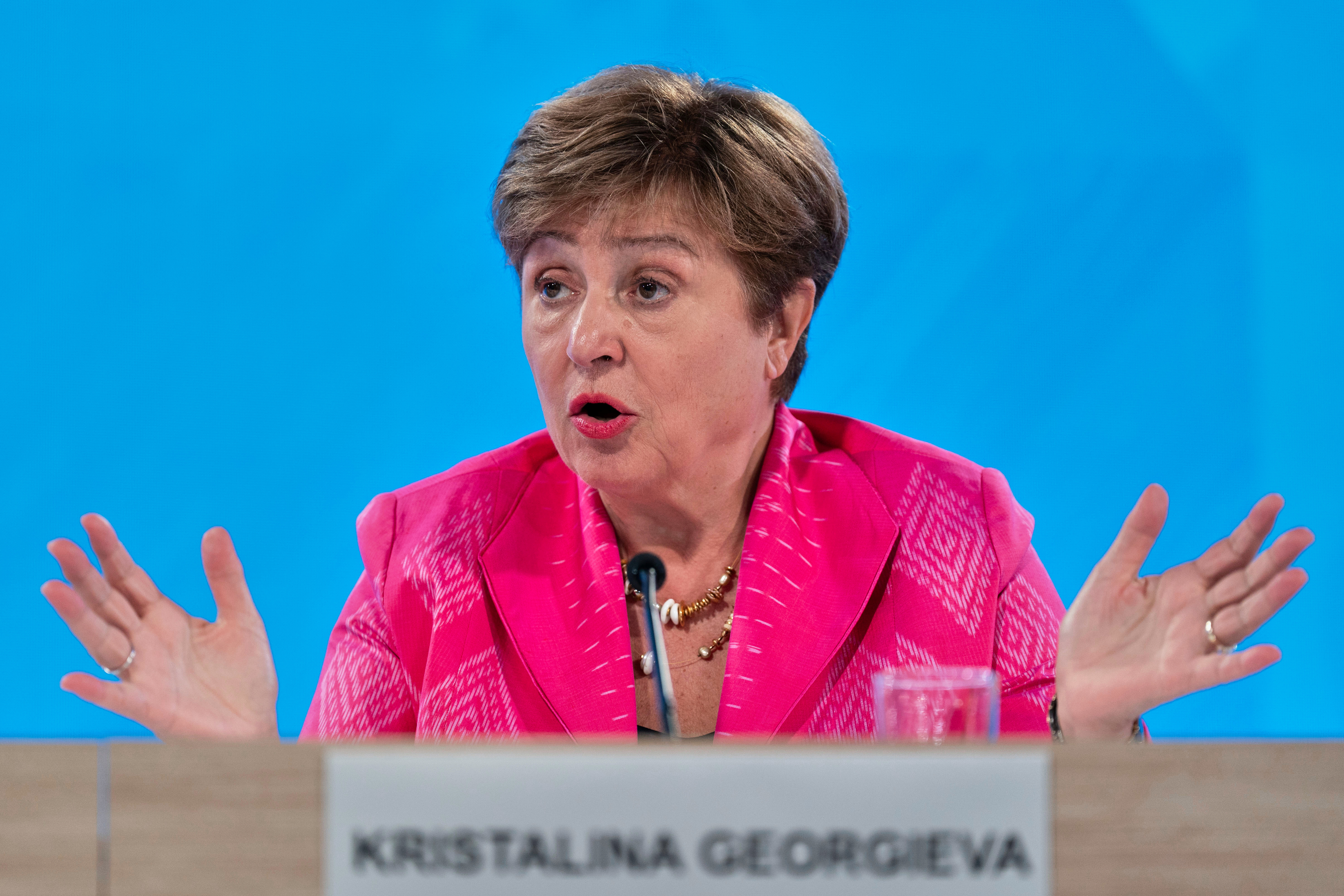 International Monetary Fund (IMF) Managing Director Kristalina Georgieva speaks during a news conference at the International Monetary Fund (IMF) headquarters in Washington, April 25, 2025.