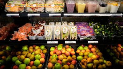 A selection of produce from California farmers and other food offered on the Belvedere Middle School menu is displayed before a news conference with Gov. Gavin Newsom, Wednesday, Oct. 8, 2025, in Los Angeles.