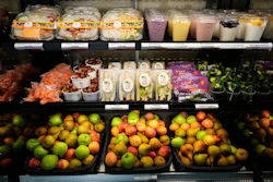 A selection of produce from California farmers and other food offered on the Belvedere Middle School menu is displayed before a news conference with Gov. Gavin Newsom, Wednesday, Oct. 8, 2025, in Los Angeles.