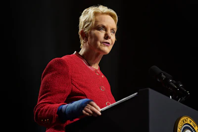 Cindy McCain, executive director of the World Food Programme and wife of the late Sen. John McCain, R-Ariz., speaks at the Tempe Center for the Arts, Sept. 28, 2023, in, Tempe, Ariz.