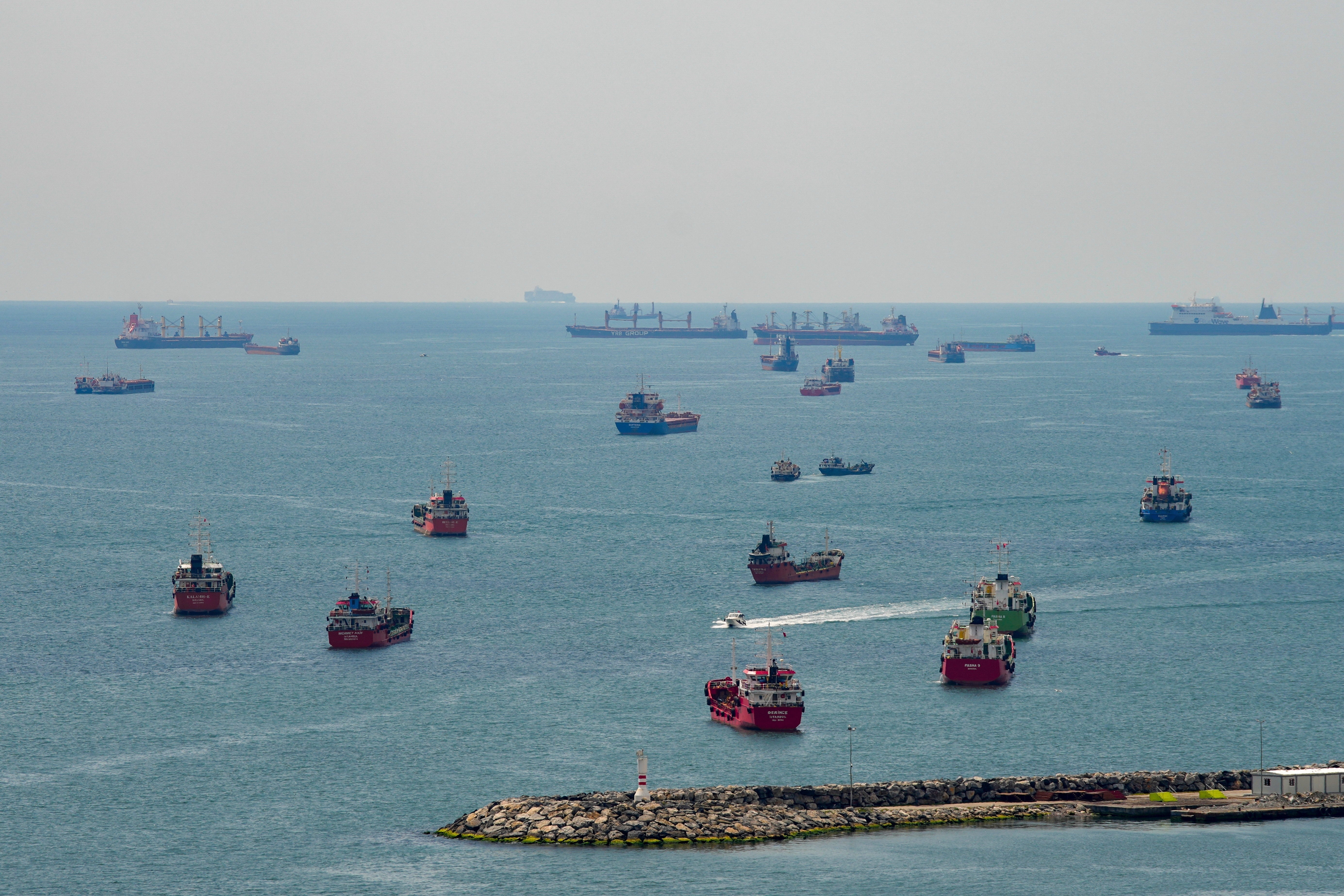 Cargo ships are anchored in the Sea of Marmara as they await to cross the Bosphorus, in Istanbul, Turkey, April 13, 2025.