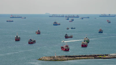 Cargo ships are anchored in the Sea of Marmara as they await to cross the Bosphorus, in Istanbul, Turkey, April 13, 2025.