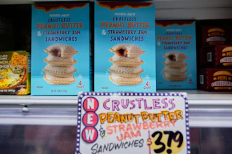 Crust-less sandwiches are displayed on shelf at a Trader Joe's grocery story in Royal Oak, Mich., Wednesday, Oct. 15, 2025.
