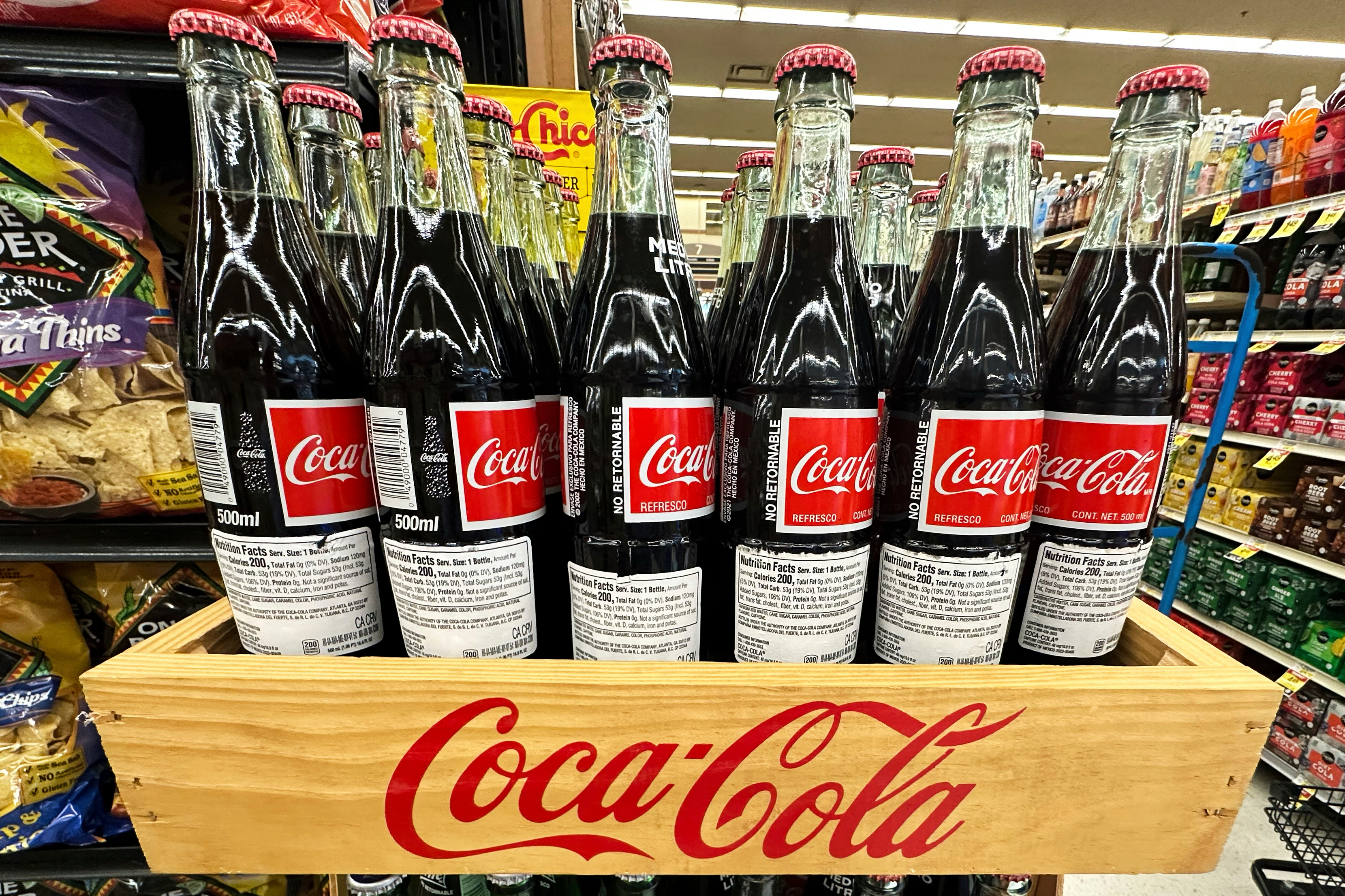 Bottles of Mexican Coca-Cola are displayed at a grocery store in Mount Prospect, Ill., Thursday, July 17, 2025.