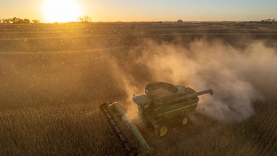 Rodney Egger harvests soybeans with a combine on Wednesday, Oct. 22, 2025, south of Lincoln, Neb.