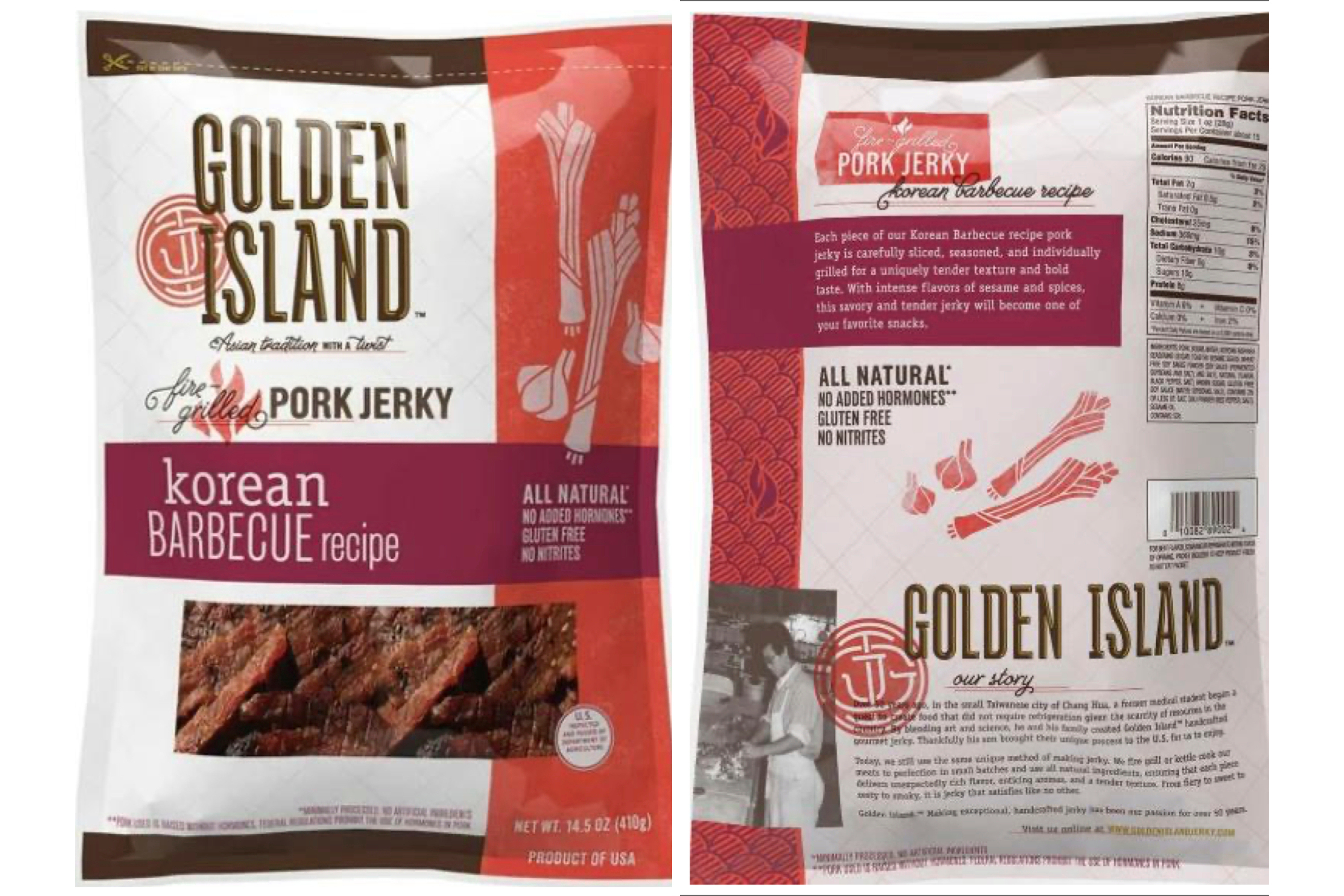 This combination of images provided by the U.S. Department of Agriculture shows packaging for Korean barbecue pork jerky sold at Costco and Sam's Club stores which was recalled because the product may be contaminated with pieces of metal, the USDA said Friday, Oct. 24, 2025.