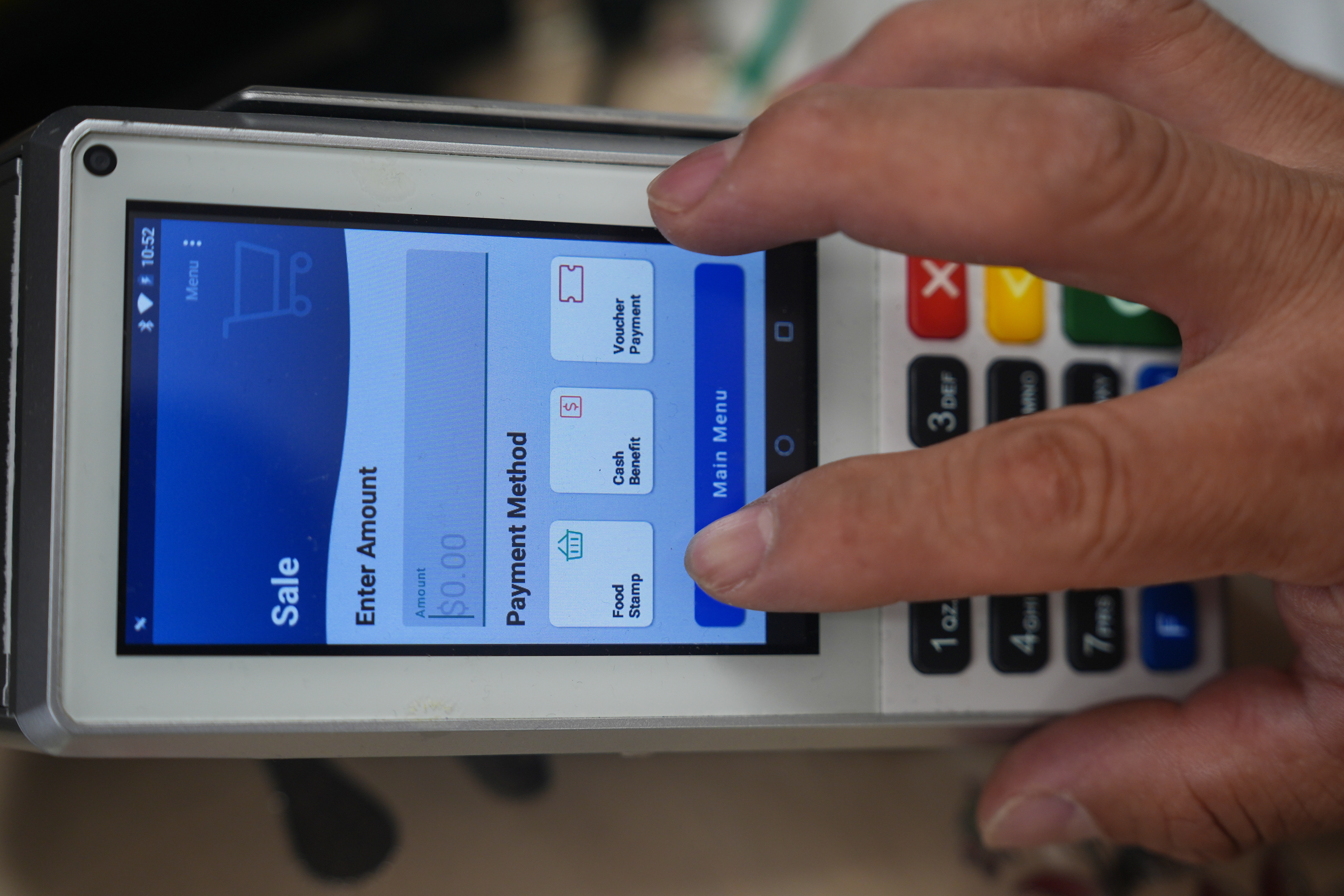 A shopper makes a purchase with food stamps on Monday, Oct. 27, 2025, in Los Angeles.