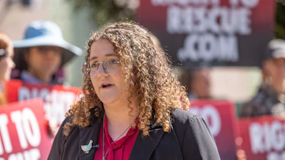Animal rights activist Zoe Rosenberg talks to reporters outside the Sonoma County Superior Courthouse before her preliminary hearing May 3, 2024, in Santa Rosa, Calif.