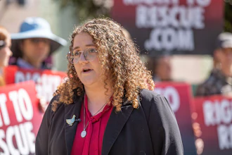 Animal rights activist Zoe Rosenberg talks to reporters outside the Sonoma County Superior Courthouse before her preliminary hearing May 3, 2024, in Santa Rosa, Calif.