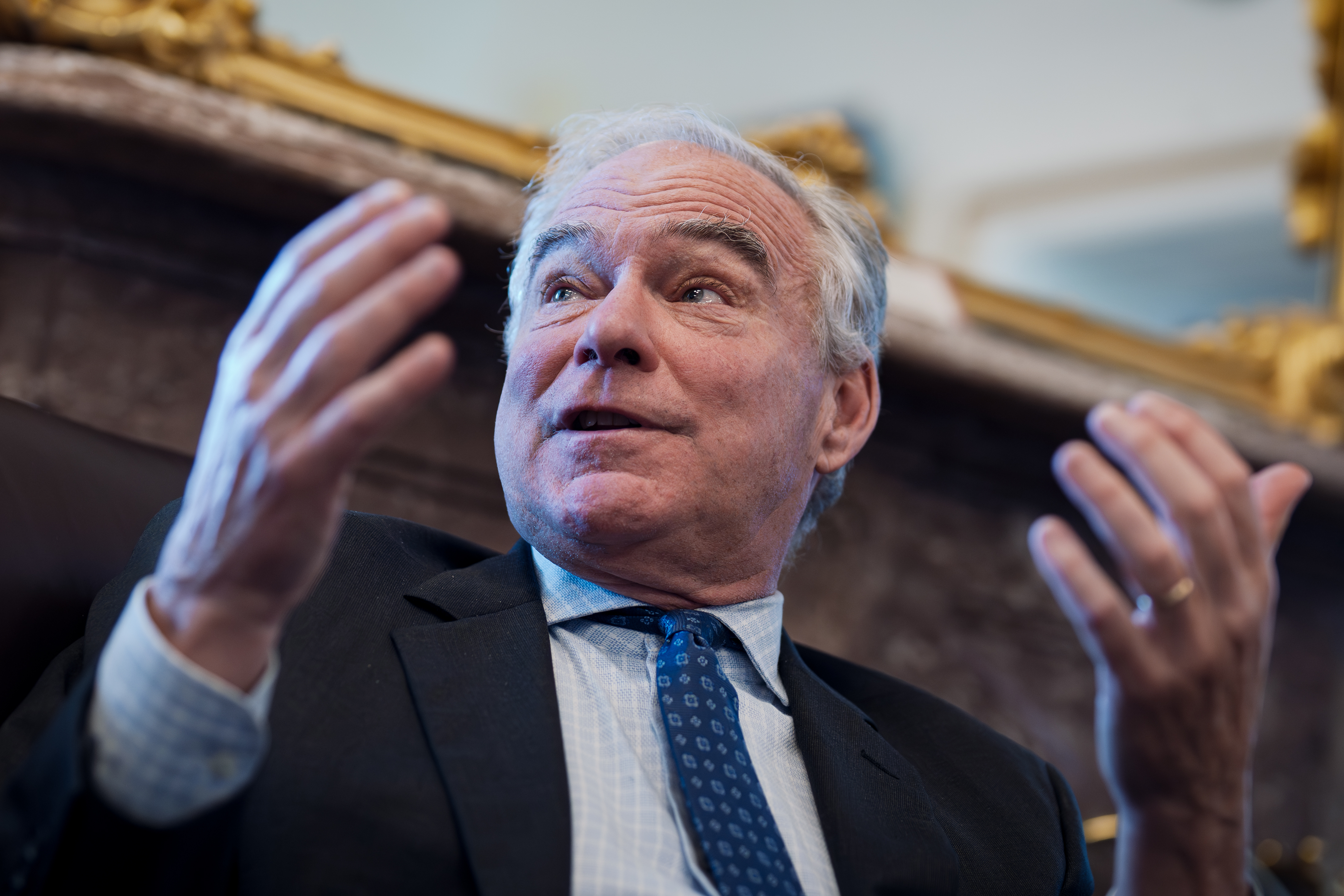 Sen. Tim Kaine, D-Va., meets with reporters to discuss President Donald Trump's strategy on tariffs, at the Capitol in Washington, Tuesday, Oct. 28, 2025.