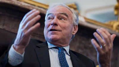 Sen. Tim Kaine, D-Va., meets with reporters to discuss President Donald Trump's strategy on tariffs, at the Capitol in Washington, Tuesday, Oct. 28, 2025.