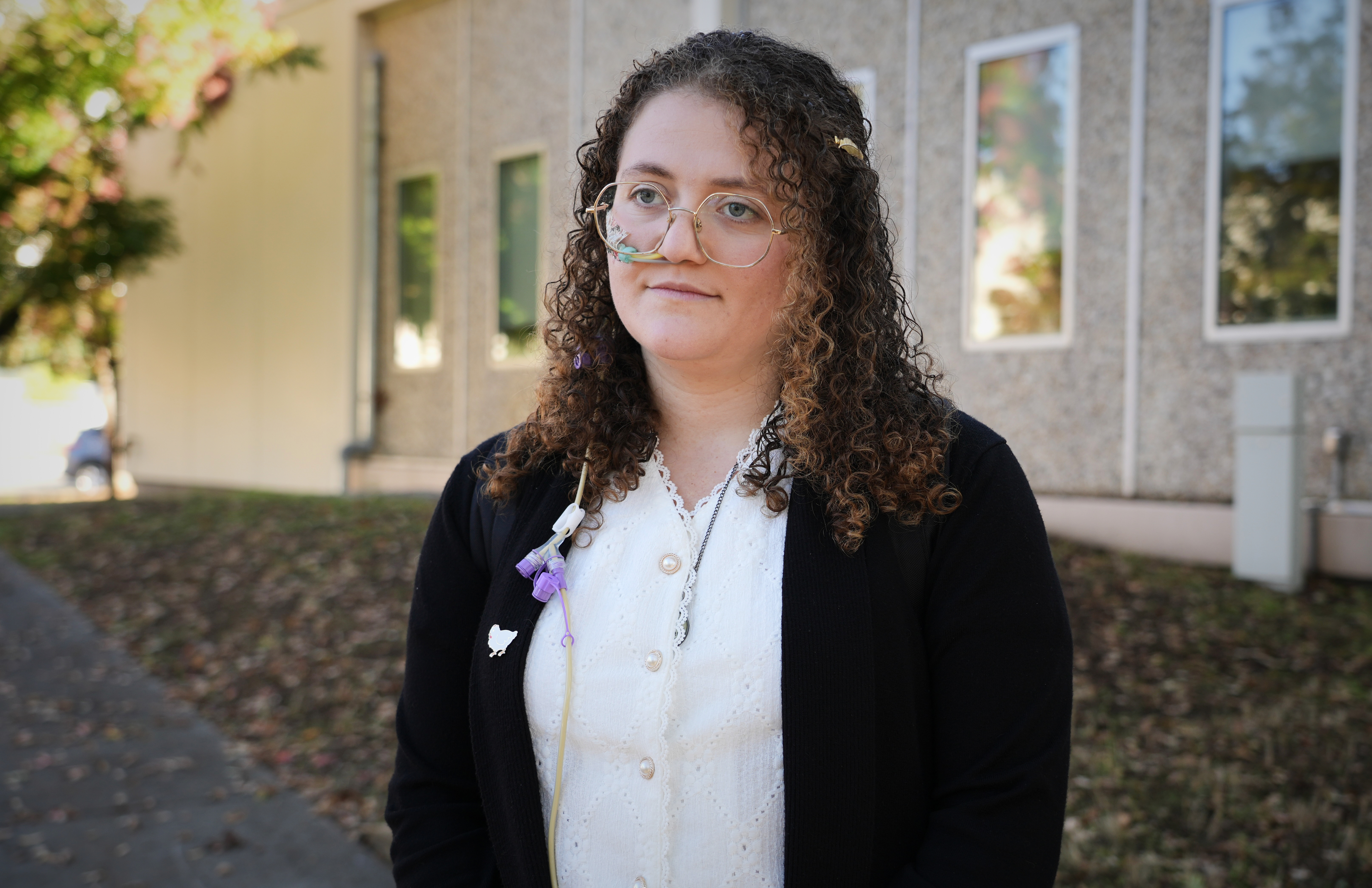 Animal rights activist Zoe Rosenberg, who is on trial for taking four chickens from one of Perdue Farms' major poultry plants, is pictured outside Sonoma County Superior Court in Santa Rosa, Calif. on Tuesday, Oct. 28, 2025.
