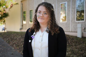 Animal rights activist Zoe Rosenberg, who is on trial for taking four chickens from one of Perdue Farms' major poultry plants, is pictured outside Sonoma County Superior Court in Santa Rosa, Calif. on Tuesday, Oct. 28, 2025.
