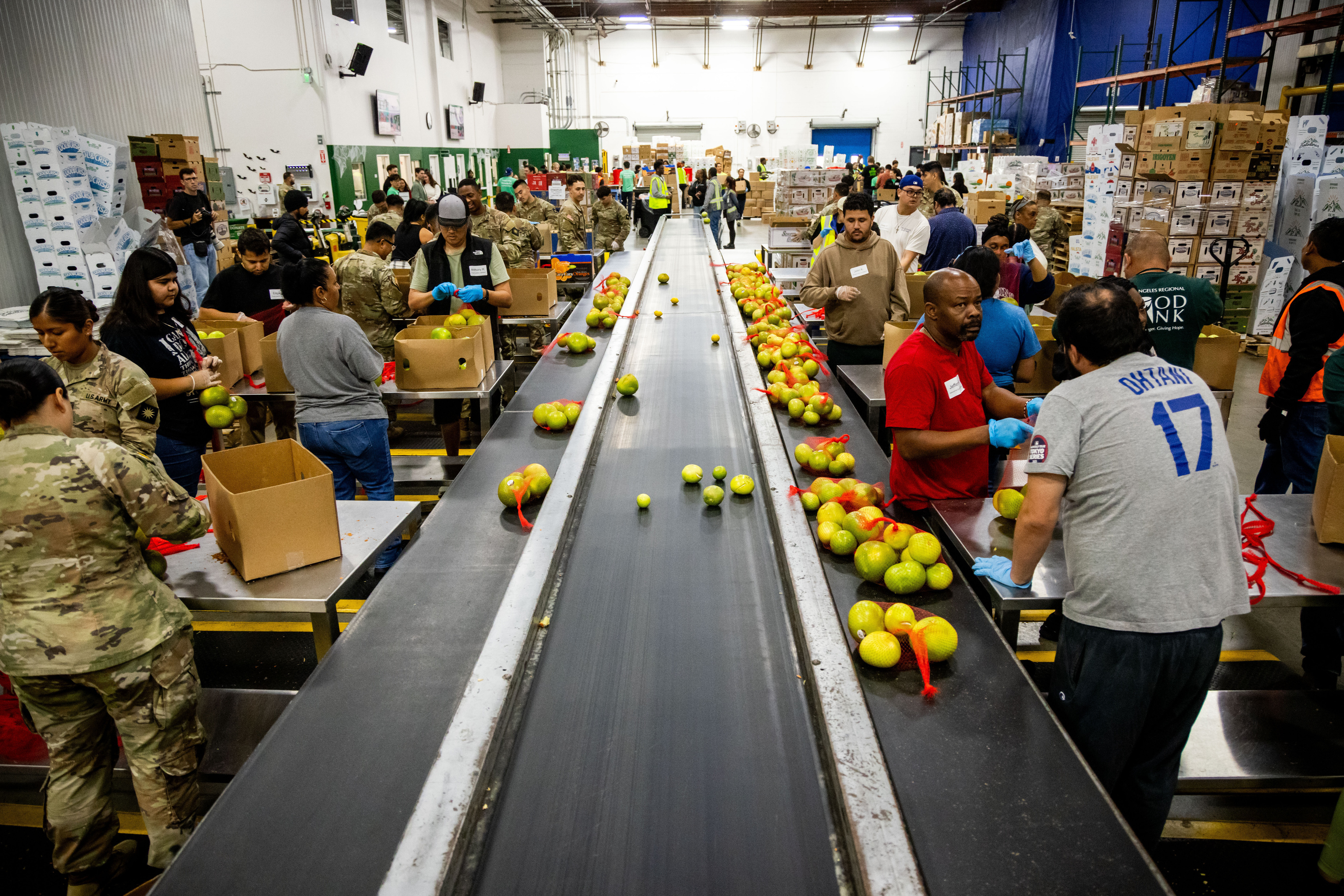 California National Guard sort produce at the Los Angeles Food Bank Wednesday, Oct. 29, 2025, in Los Angeles.