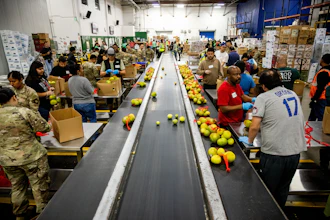 California National Guard sort produce at the Los Angeles Food Bank Wednesday, Oct. 29, 2025, in Los Angeles.