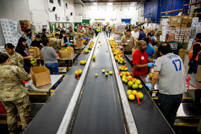 California National Guard sort produce at the Los Angeles Food Bank Wednesday, Oct. 29, 2025, in Los Angeles.