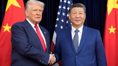 President Donald Trump and Chinese President Xi Jinping shake hands before their meeting at Gimhae International Airport in Busan, South Korea, Oct. 30, 2025.
