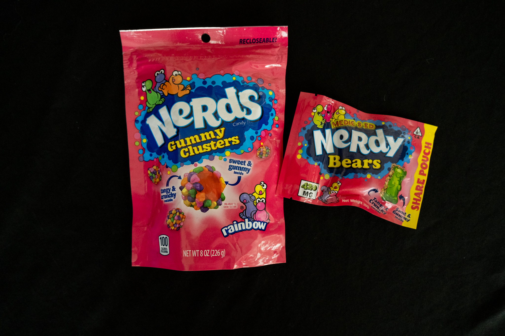 Left: Legitimate Nerds candy. Right: Intoxicating hemp product packaged similarly to Nerds candy.