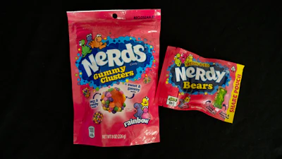 Left: Legitimate Nerds candy. Right: Intoxicating hemp product packaged similarly to Nerds candy.