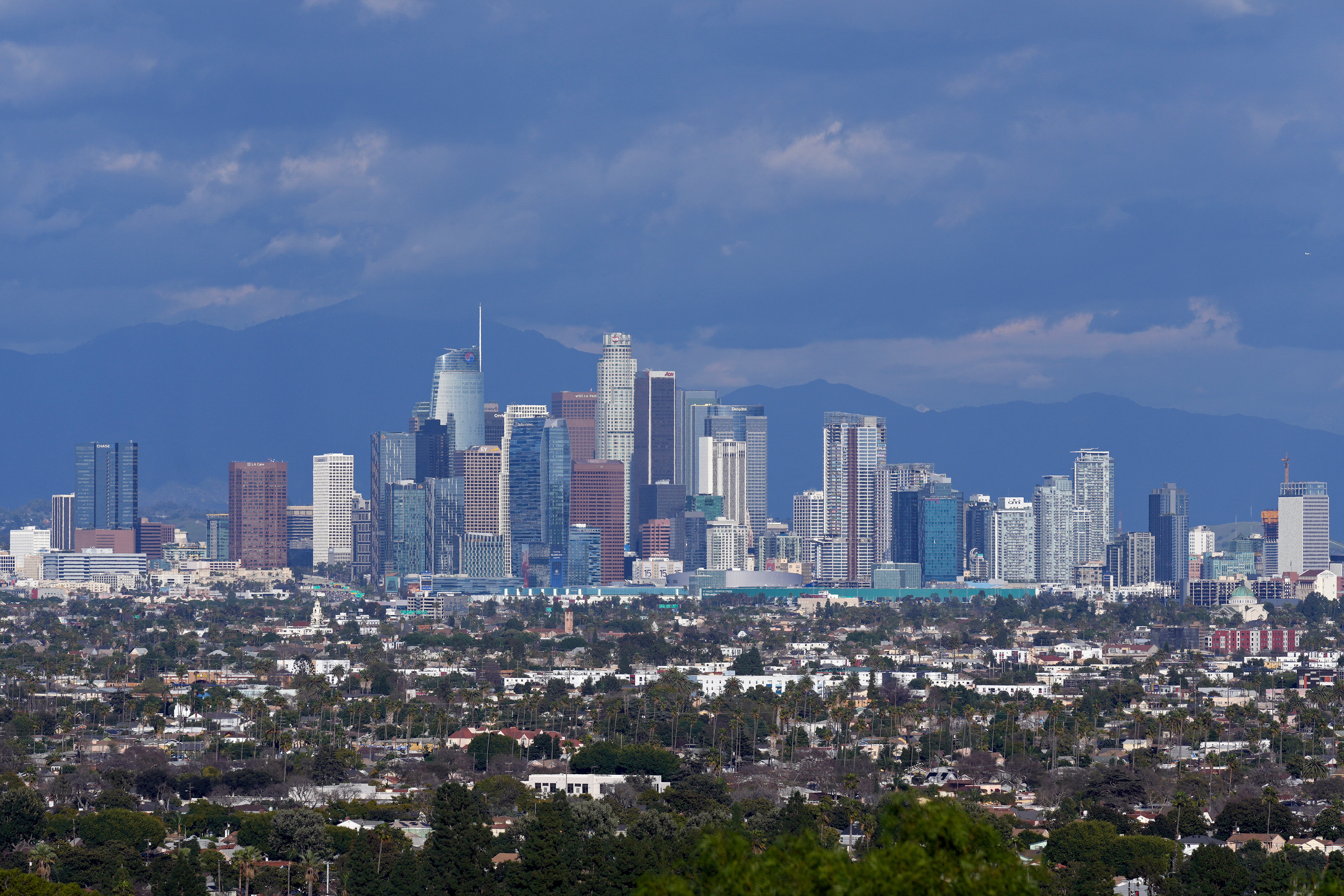 The Los Angeles skyline is seen from a Baldwin Hills overlook, Feb. 9, 2024.