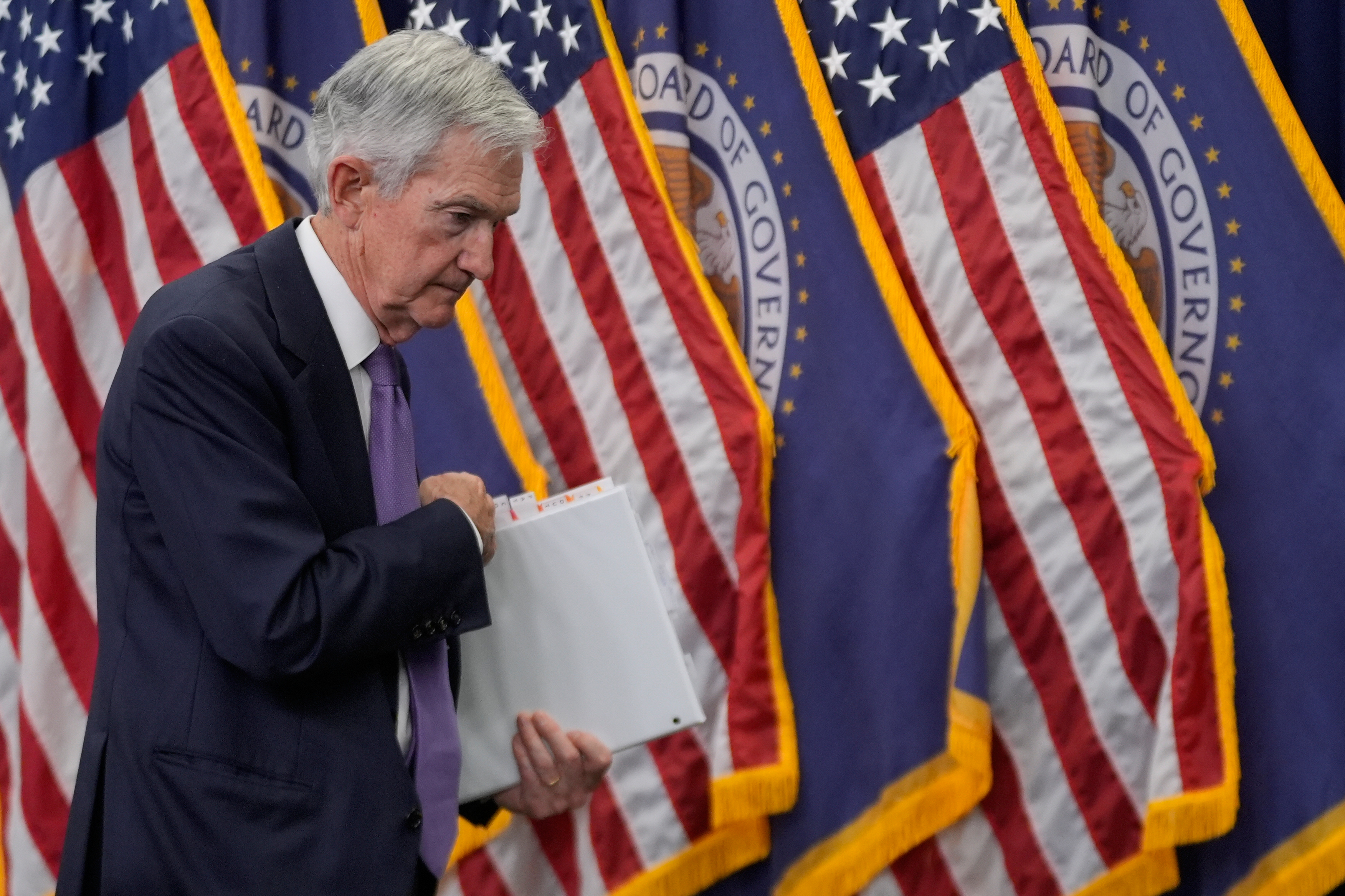 Federal Reserve Chairman Jerome Powell departs after a news conference after the Federal Open Market Committee meeting, Oct. 29, 2025.
