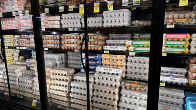 Eggs are displayed in refrigerators at a grocery store in Glenview, Ill., Feb. 10, 2025.