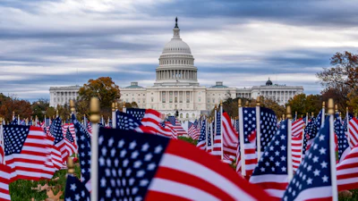 Miniature American flags flutter in wind gusts across the National Mall near the Capitol in Washington, Nov. 10, 2025.