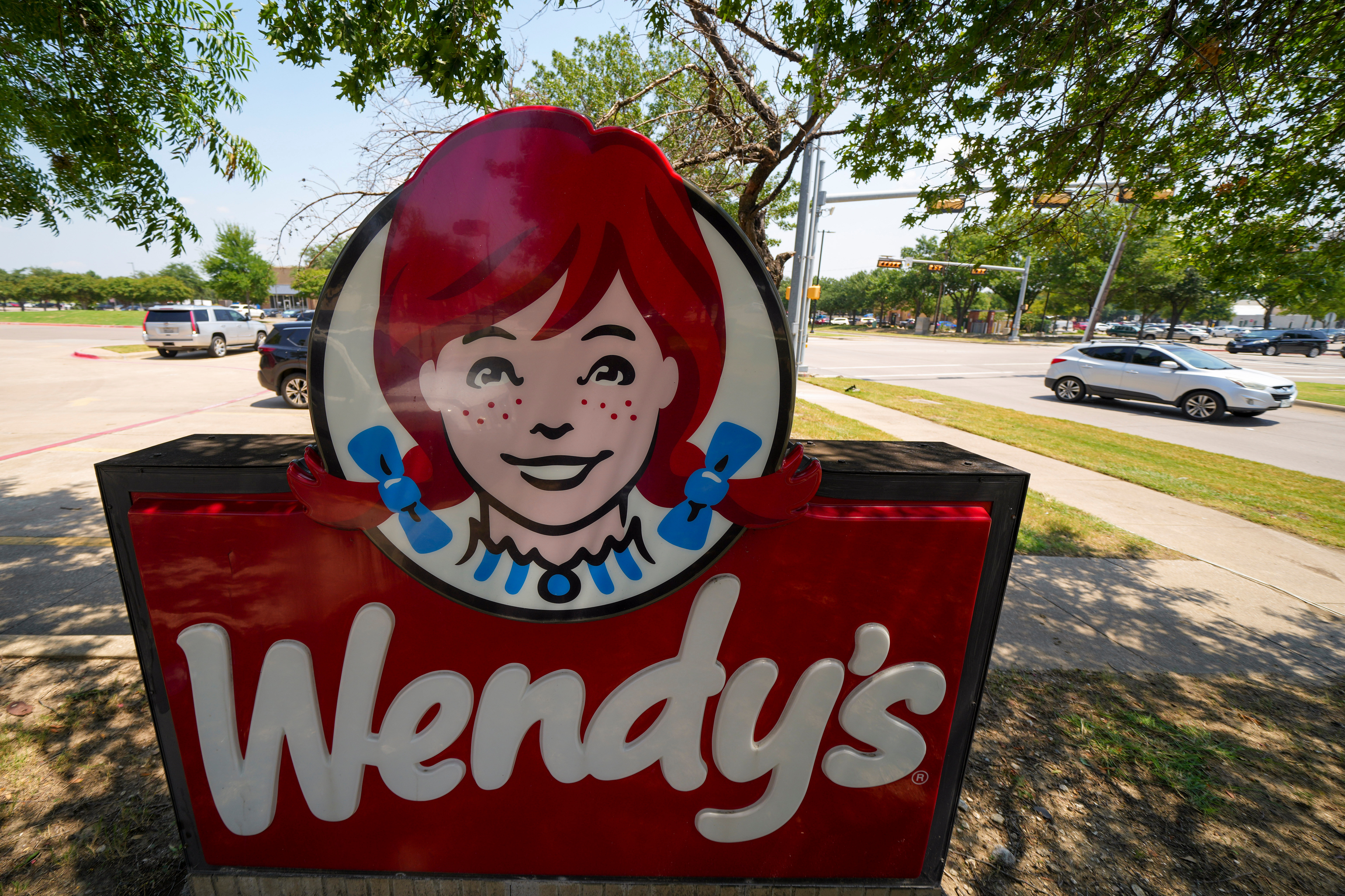 A sign is seen at a Wendy's restaurant Tuesday, Aug. 5, 2025, in Garland, Texas.
