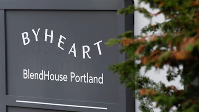A sign for ByHeart, a manufacturer of organic baby formula, outside the company's plant in Portland, Ore., Nov. 11, 2025.