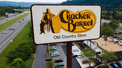 This aerial image taken with a drone shows a Cracker Barrel restaurant in Binghamton, N.Y., Aug. 23, 2025.