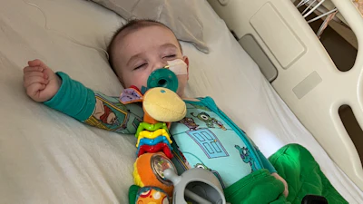 This March 2025 photo provided by Amy Mazziotti shows Hank Mazziotti, 8 months, being treated for infant botulism in Los Angeles.
